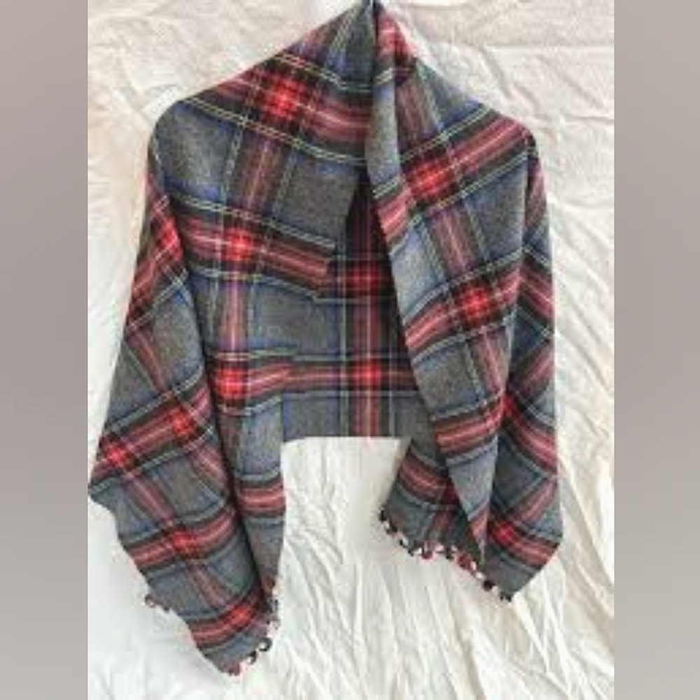 🌾J. CREW🌾Wool, Plaid Pom Pom Blanket Scarf